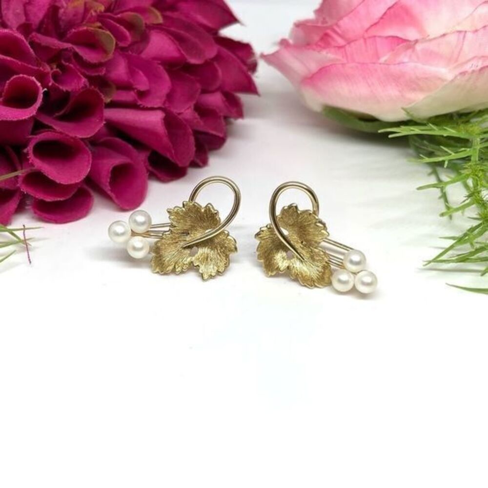 VINTAGE⚜️14K KREMENTZ Cultured Pearl Grapeleaves Clip Earrings